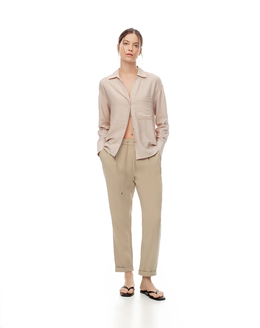 Pantalón recto tiro alto caqui mujer