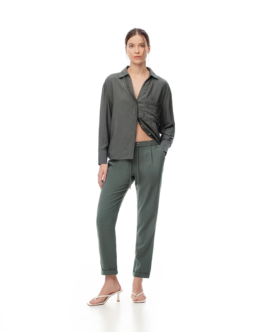 Pantalón recto tiro alto verde mujer