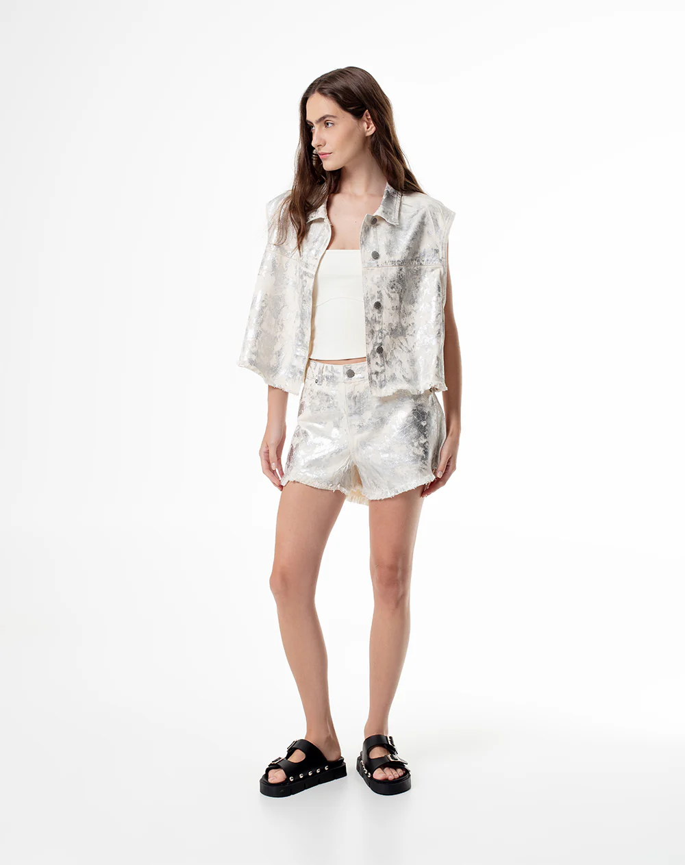 Short tiro medio denim metalizado gris mujer - Image 5