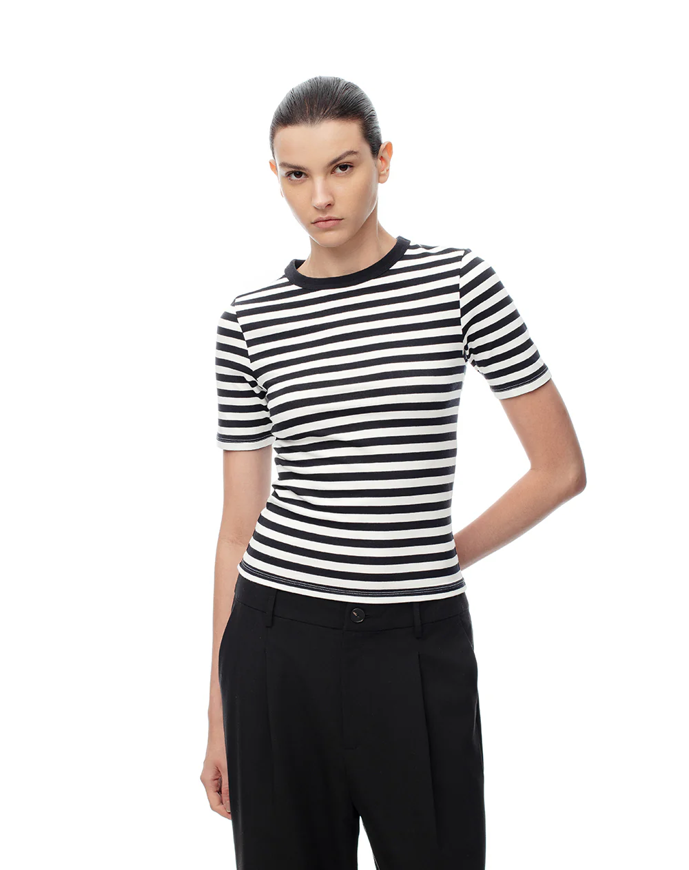 Camiseta slim rib algodón rayas mujer