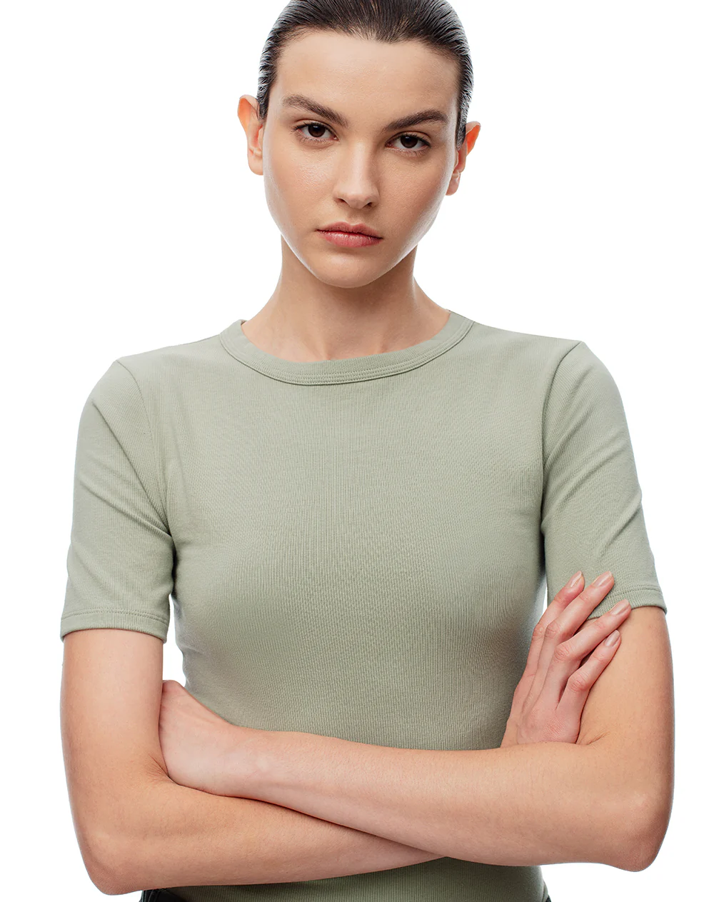 Camiseta slim rib algodón verde mujer - Image 3