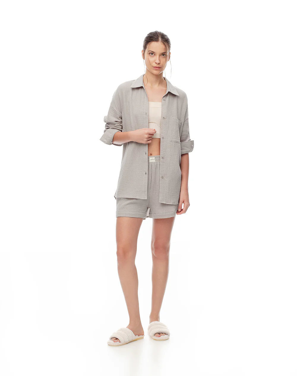 Camisa relax manga larga algodón taupe mujer - Image 4