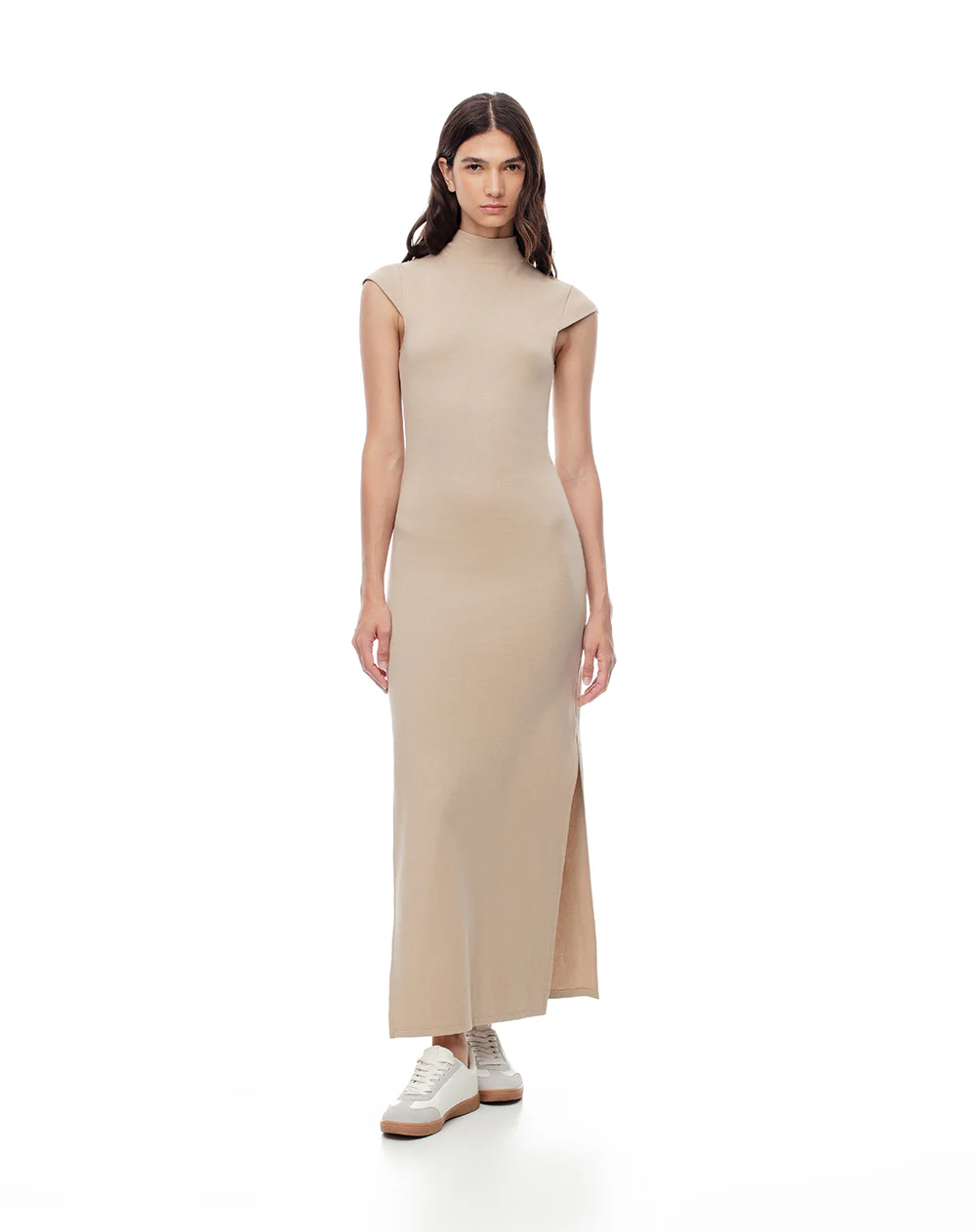 Vestido largo slim algodón caqui mujer