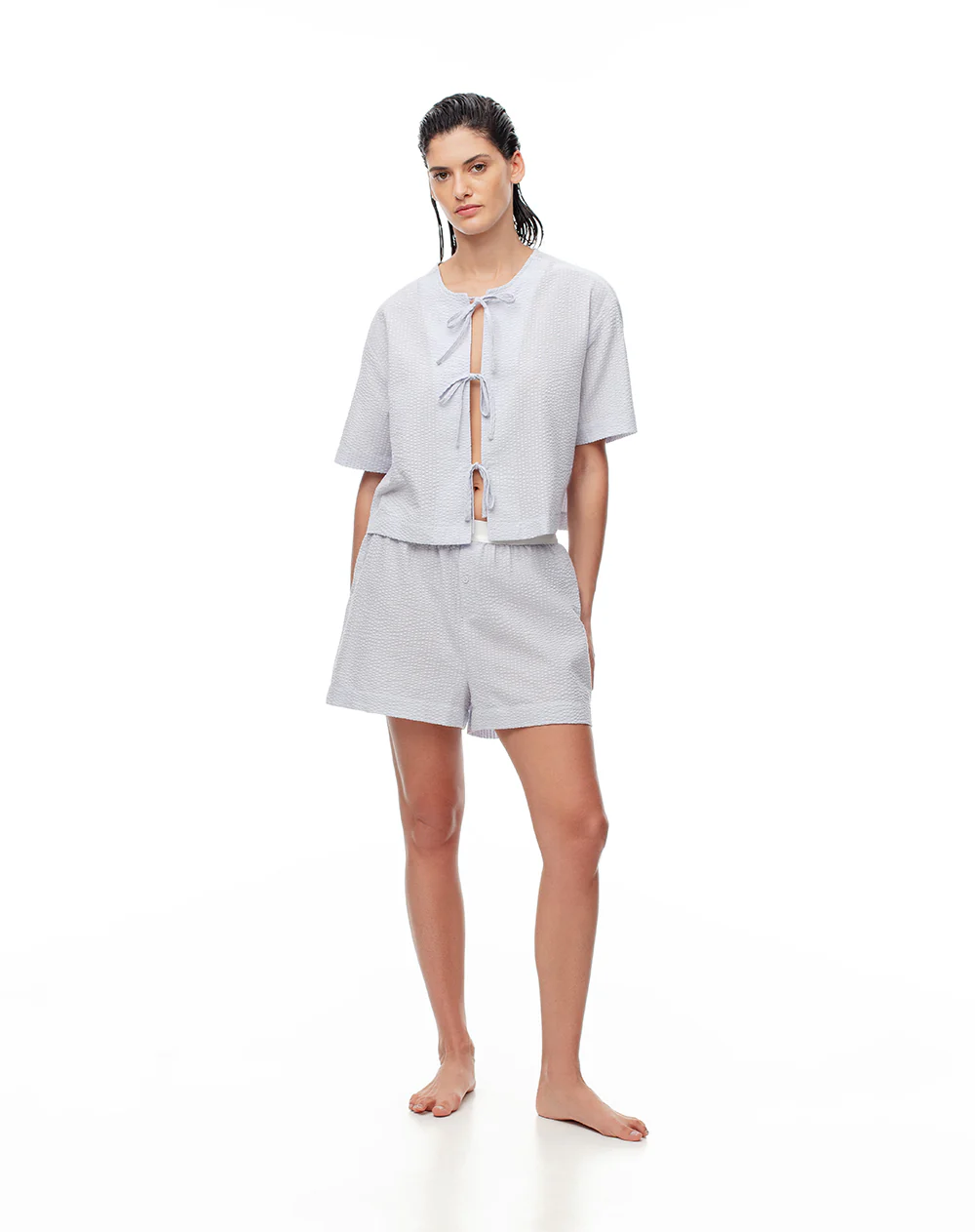 Short relax tiro alto texturizado azul mujer - Image 4