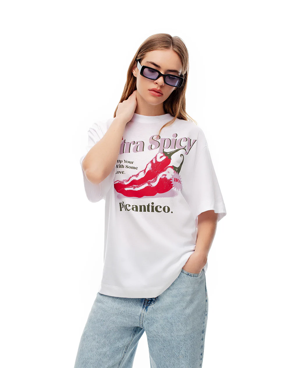 Camiseta oversize algodón blanca estampada mujer