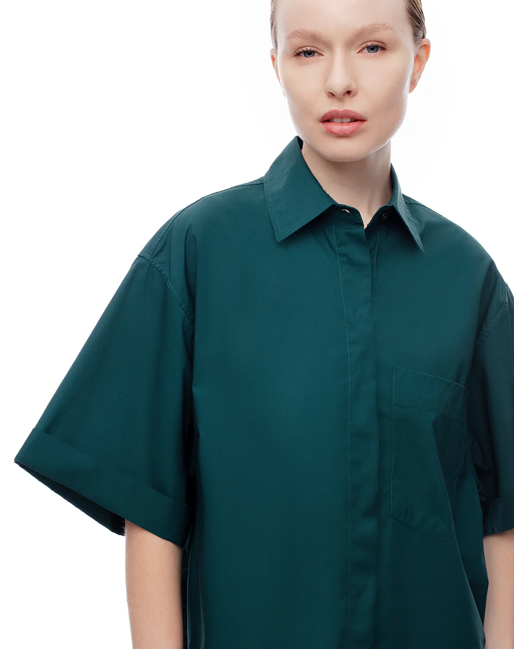 Camisa manga corta oversize algodón verde mujer - Image 3