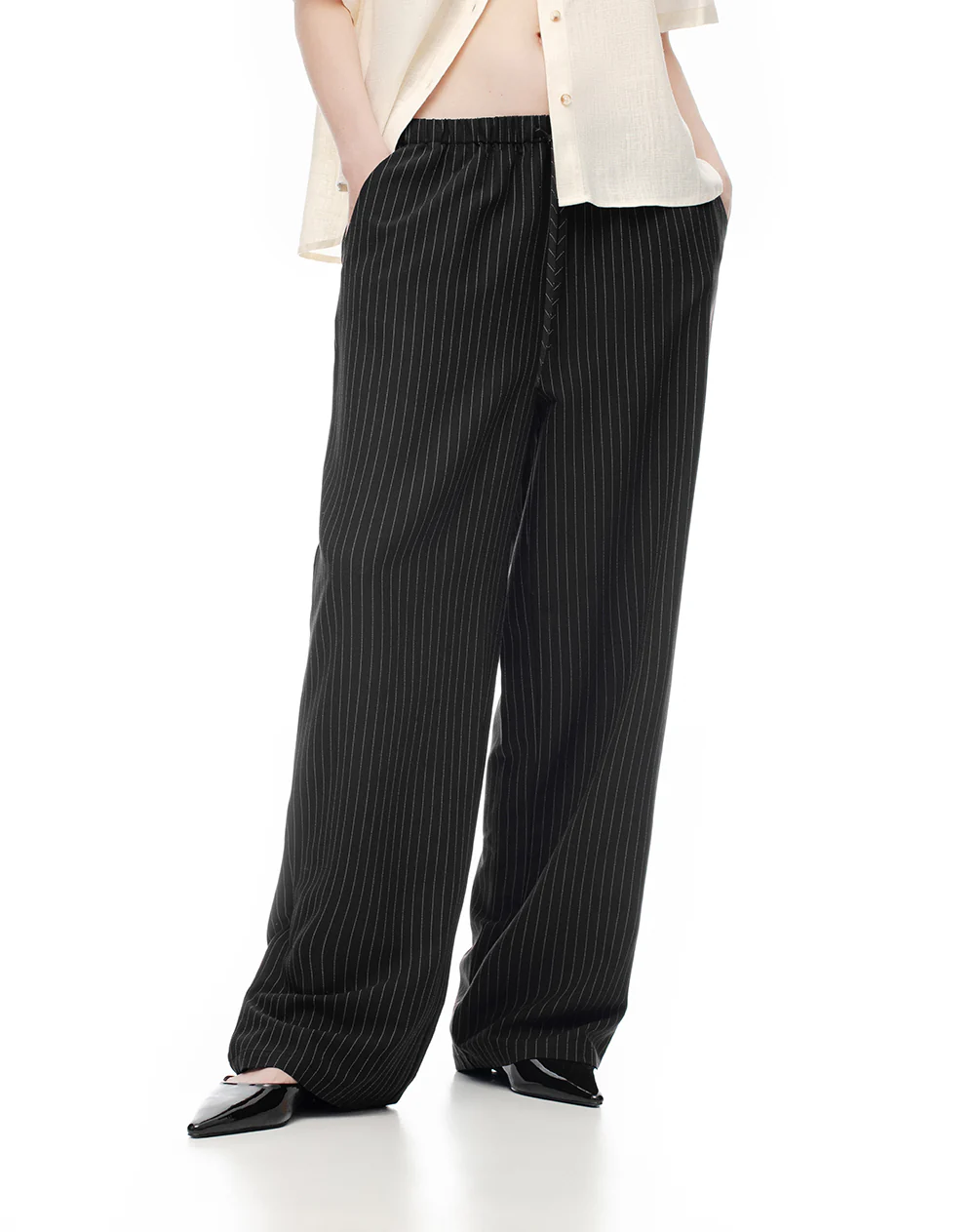 Pantalón wide leg tiro alto negro rayas mujer - Image 3