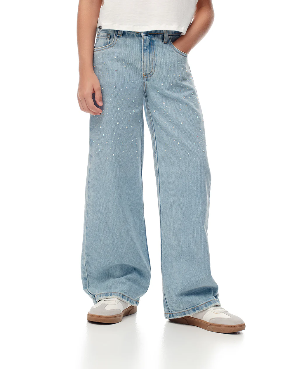 Jean wide leg tiro medio brillos índigo claro niña - Image 4