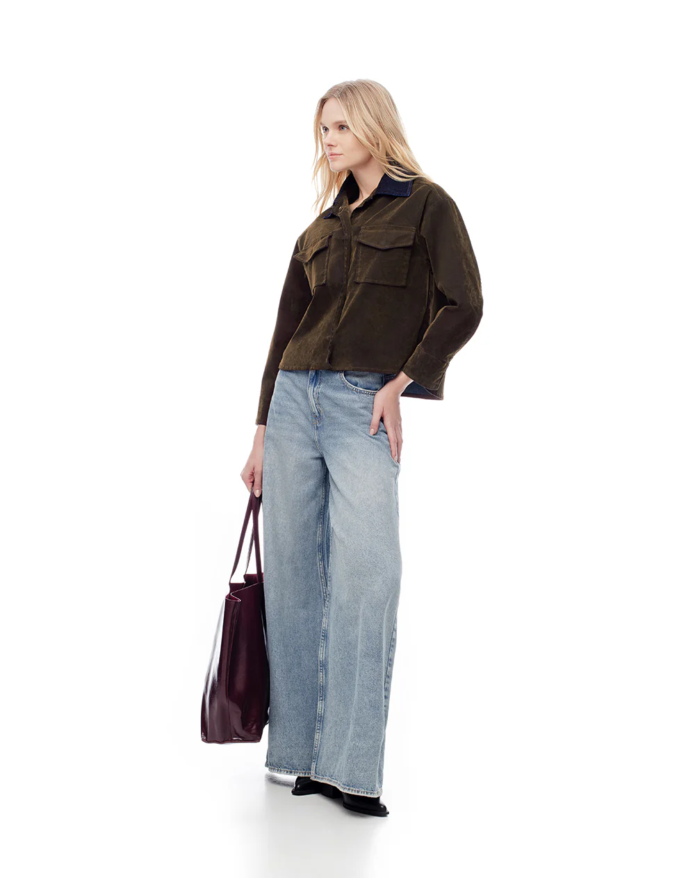 Chaqueta overshirt efecto gamuza café mujer - Image 5
