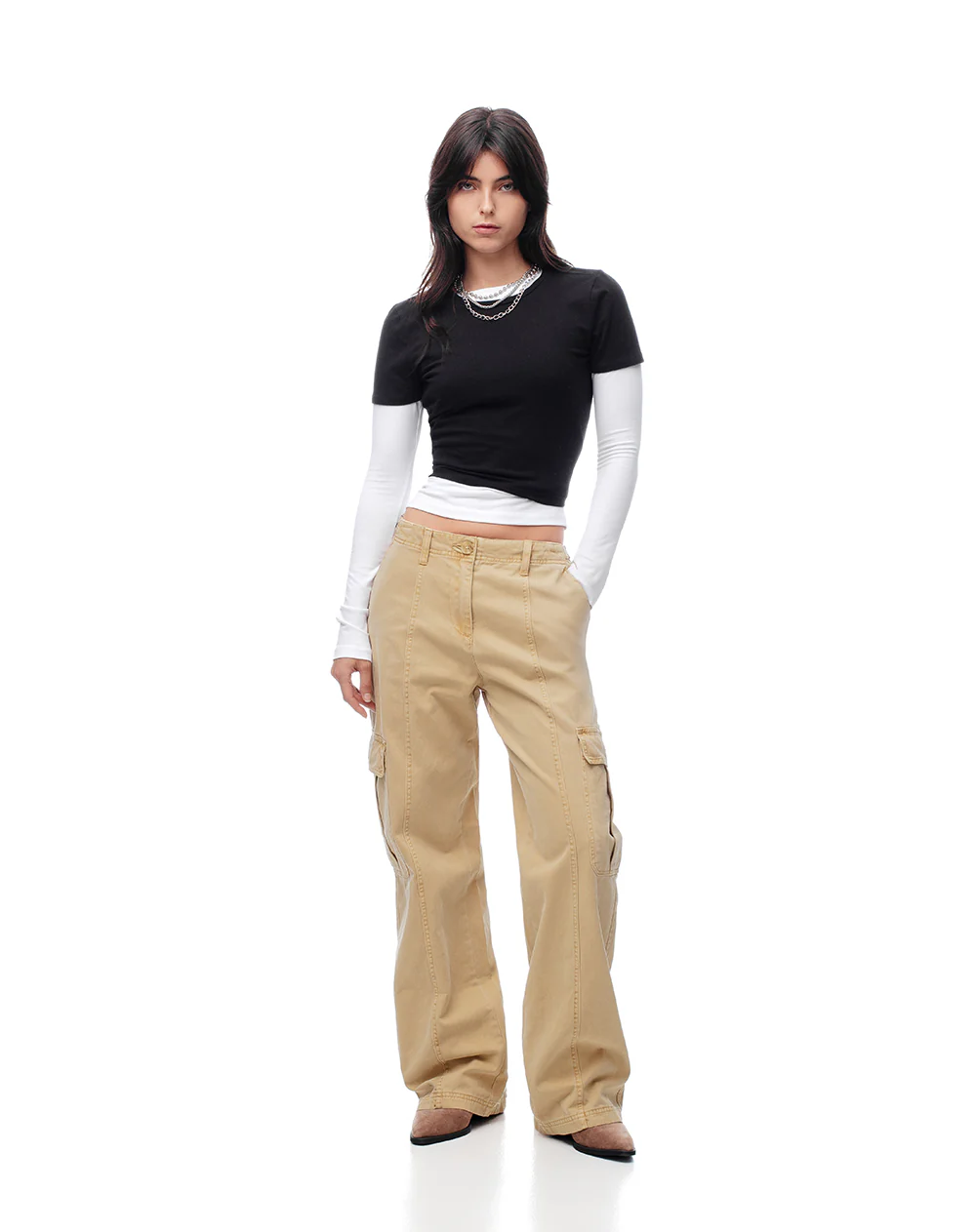 Pantalón cargo tiro bajo algodón caqui mujer - Image 4